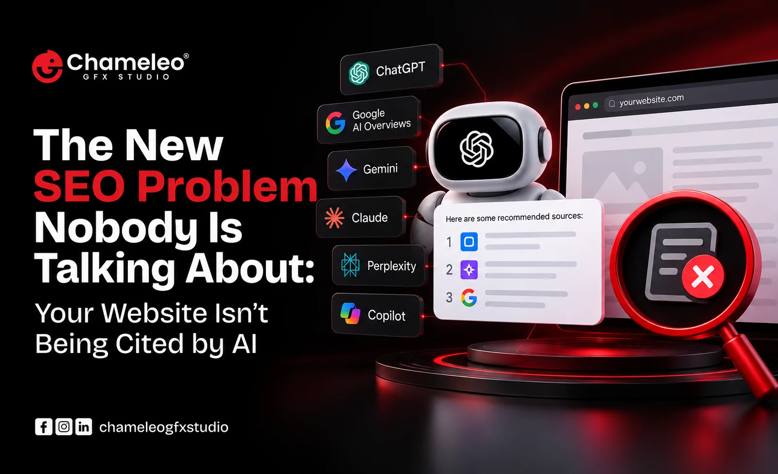 Chameleo GFX Studio graphic showing the new SEO challenge of getting websites cited by AI platforms such as ChatGPT, Google AI Overviews, Gemini, Claude, Perplexity, and Copilot.
